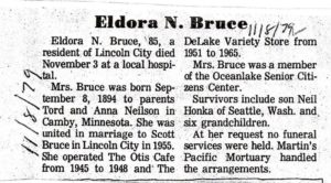 Obituary, Eldora Bruce, 11/8/79
