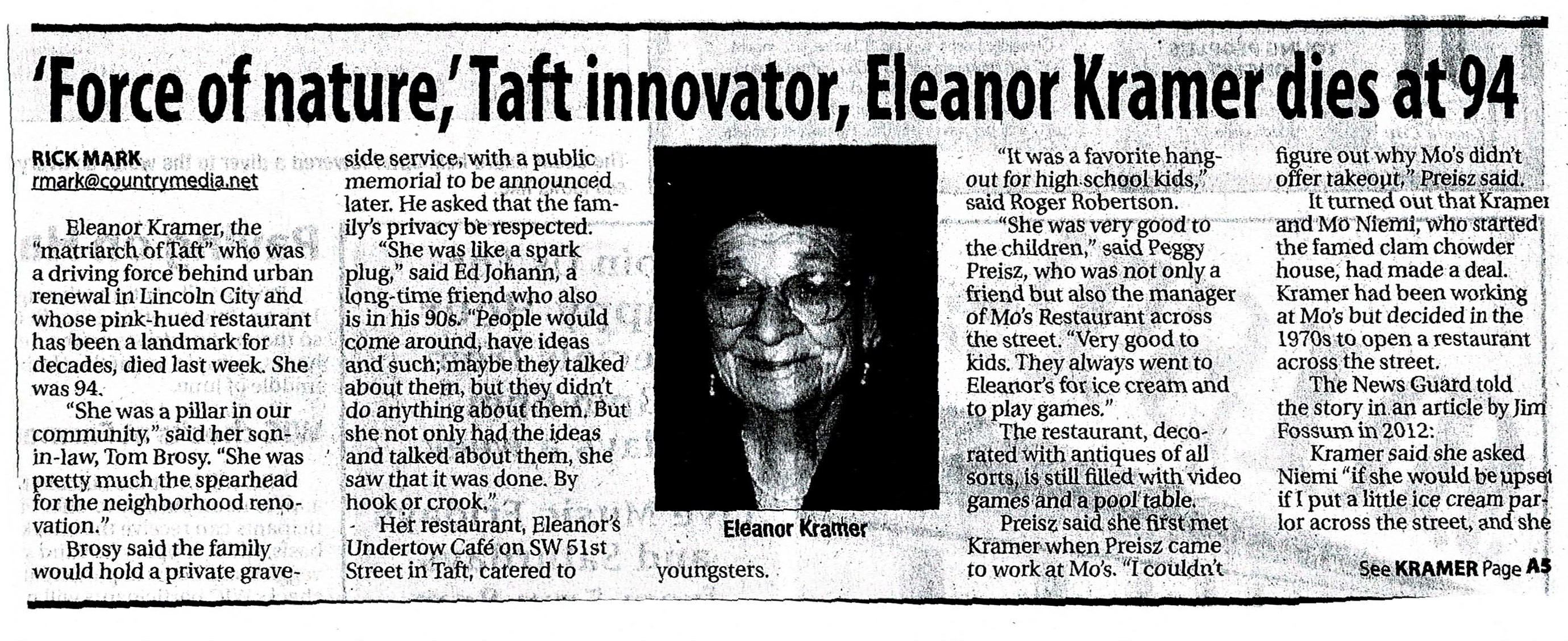 Obituary 1/2, Eleanor Kramer, 6/1/16