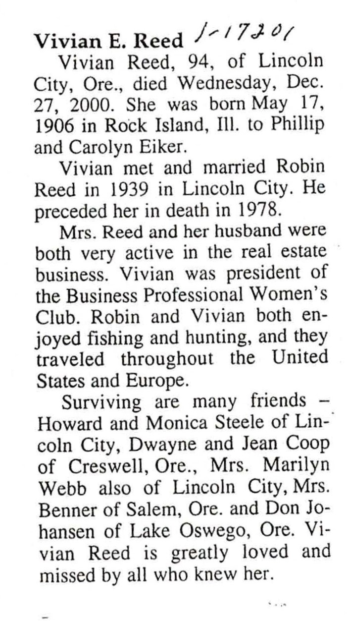 Obituary, Vivian Reed, 1/17/01