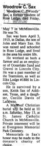 Obituary, Woody Sax, 5/10/89